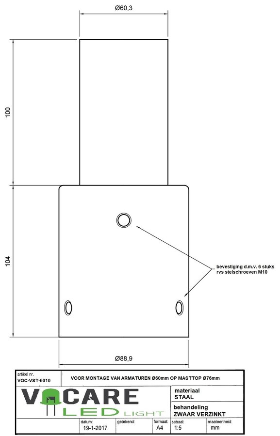 verloop &Oslash;76mm>&Oslash;60mm dikwandig staal en verzinkt