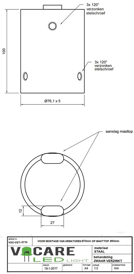 dikwandig stalen verdik verloop 60x76 voor lantaarnpaal lichtmast lichtpaal