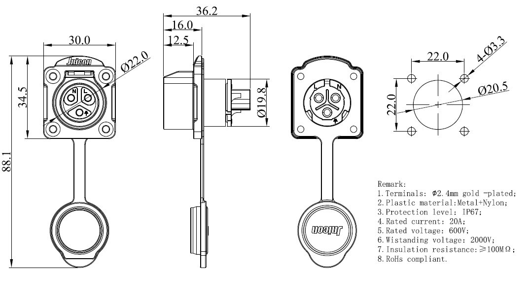 connector snelkoppeling IP67 waterdicht 3 aderige kabel 0,5mm2 tot 4,0 mm2 Buitendiameter kabel 5 tot 13 mm voor wandmontage
