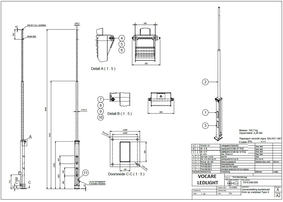 6, 7 of 8 meter heavy duty cameramast kantelbare cameramast