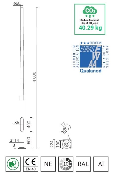 4 meter aluminium lantaarnpaal met voetplaat