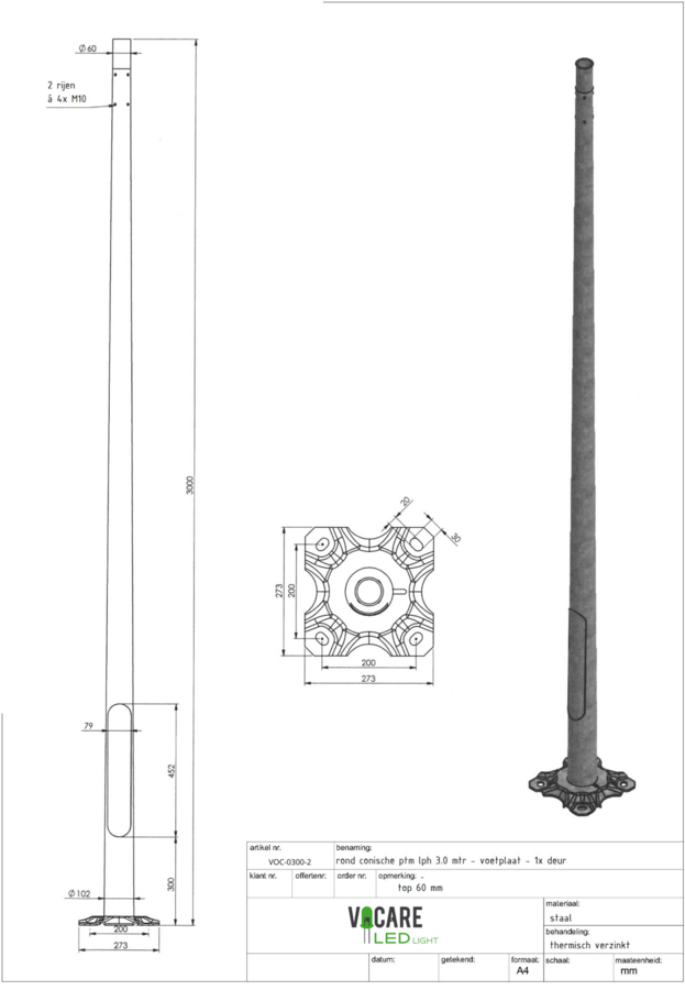 3 meter stalen lichtmast met voetplaat