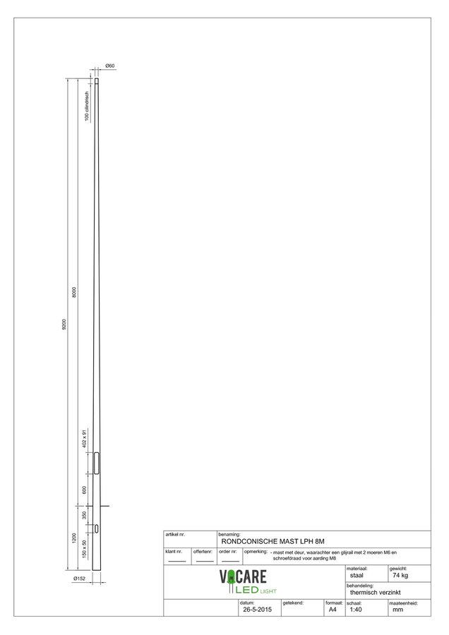8 meter hoge lichtmast voor buitenverlichting