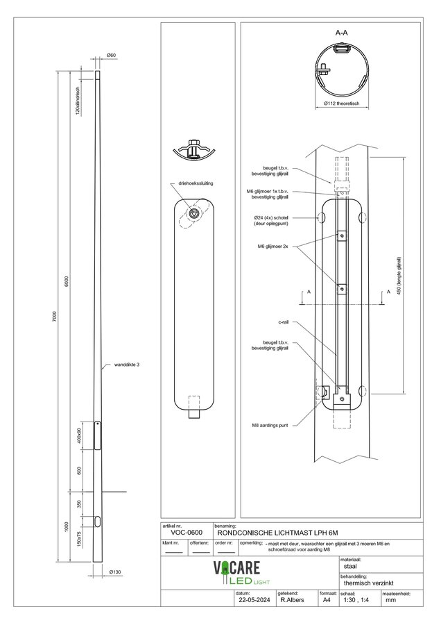 6 meter stalen conische lichtmast voor buitenverlichting