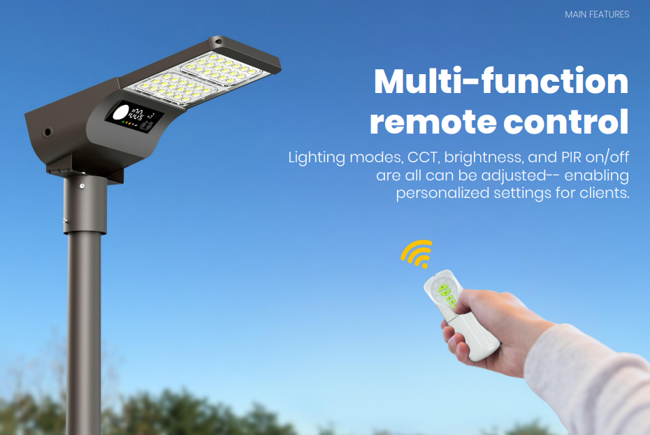 Solar straatverlichting met multifunctionele afstandsbediening voor bediening en modes.