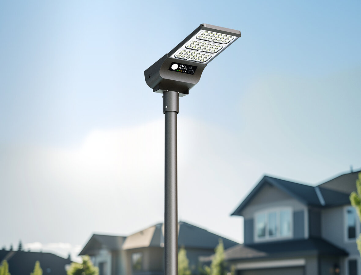 Projectfoto van SSL-59 op lichtmast in openbare ruimte &mdash; duurzame straatverlichting op zonne-energie.