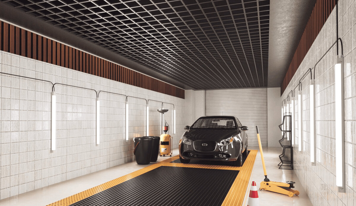 Tri-Proof LED armaturen 150 cm toegepast in garage, koppelbaar, verstelbaar in wattage en lichtkleur, IP65 waterdicht en energi