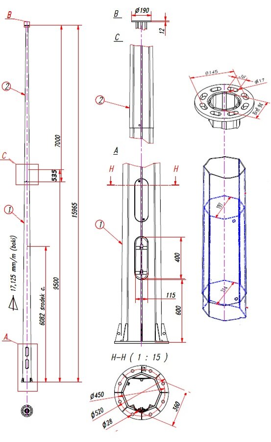 16 meter polygonale dikwandig stalen lantaarnpaal met voetplaat / montageplaat