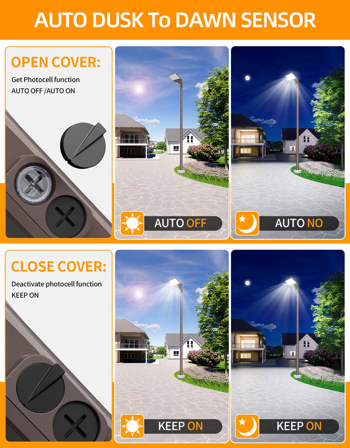 LED straatlamp met ingebouwde daglichtsensor die automatisch aangaat bij schemering en uitgaat bij daglicht.