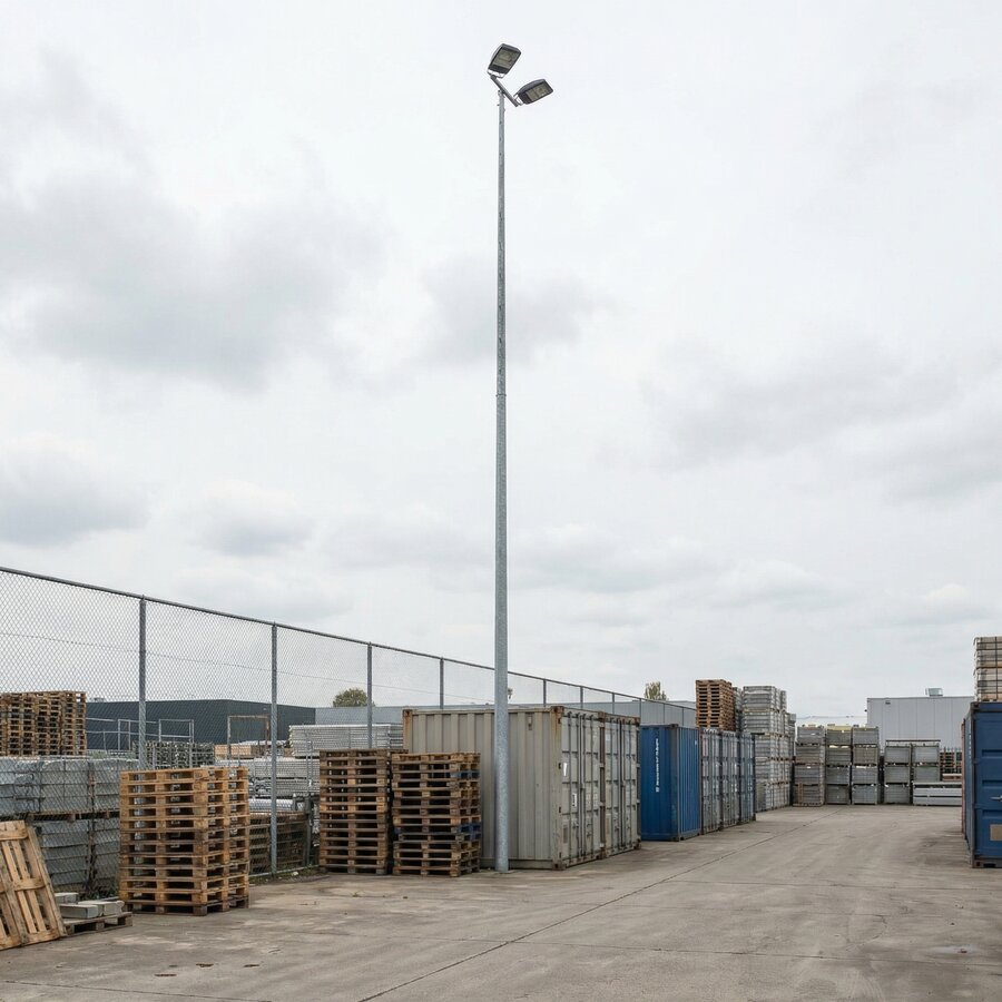 15 meter lichtmast voor terreinverlichting, geplaatst op bedrijfsterrein