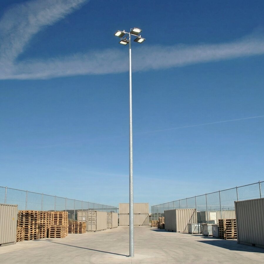12 meter lichtmast op een industrieel opslagterrein bij daglicht