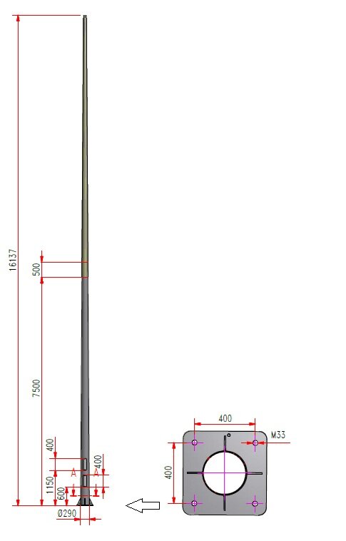 16 meter dikwandig stalen lantaarnpaal met voetplaat / montageplaat