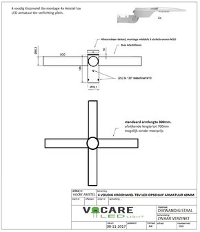 Lampenrek / wielkroon 4 voudig t.b.v. lichtmast lantaarnpaal of camera mast. Opzetstuk voor mast van zwaar verzinkt staal