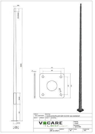 3 METER STALEN LICHTMAST MET VOETPLAAT MONTAGEPLAAT