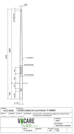 4 meter stalen lichtmast / lantaarnpaal