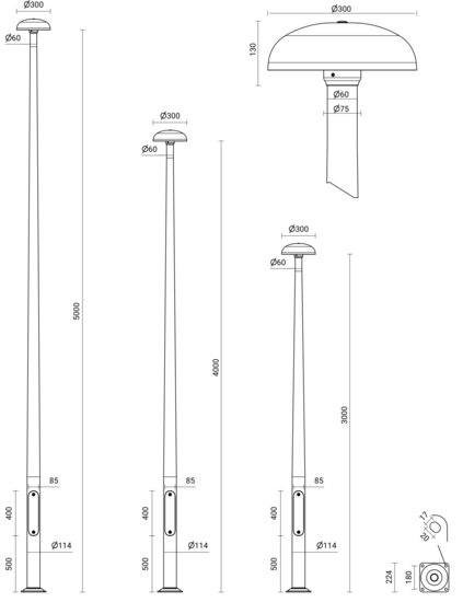 ROSA RING MINI LED aluminium lichtmast 3, 4 en 5meter - Technische tekening