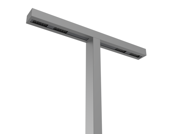 Detail van armaturen op dubbele uithouders van vierkante aluminium lichtmast