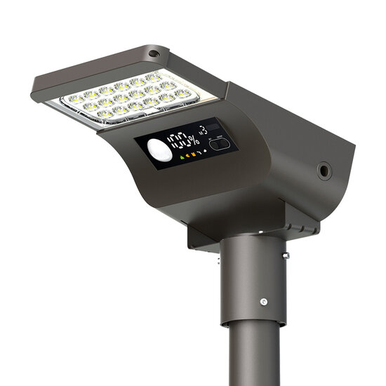 Solar straatverlichting met ingebouwde bewegingssensor voor energiebesparing.