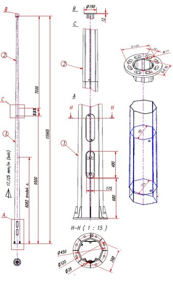 16 meter polygonale dikwandig stalen lantaarnpaal met voetplaat / montageplaat