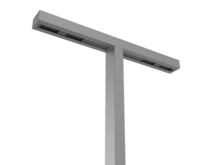 Detail van armaturen op dubbele uithouders van vierkante aluminium lichtmast