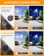 LED straatlamp met ingebouwde daglichtsensor die automatisch aangaat bij schemering en uitgaat bij daglicht.