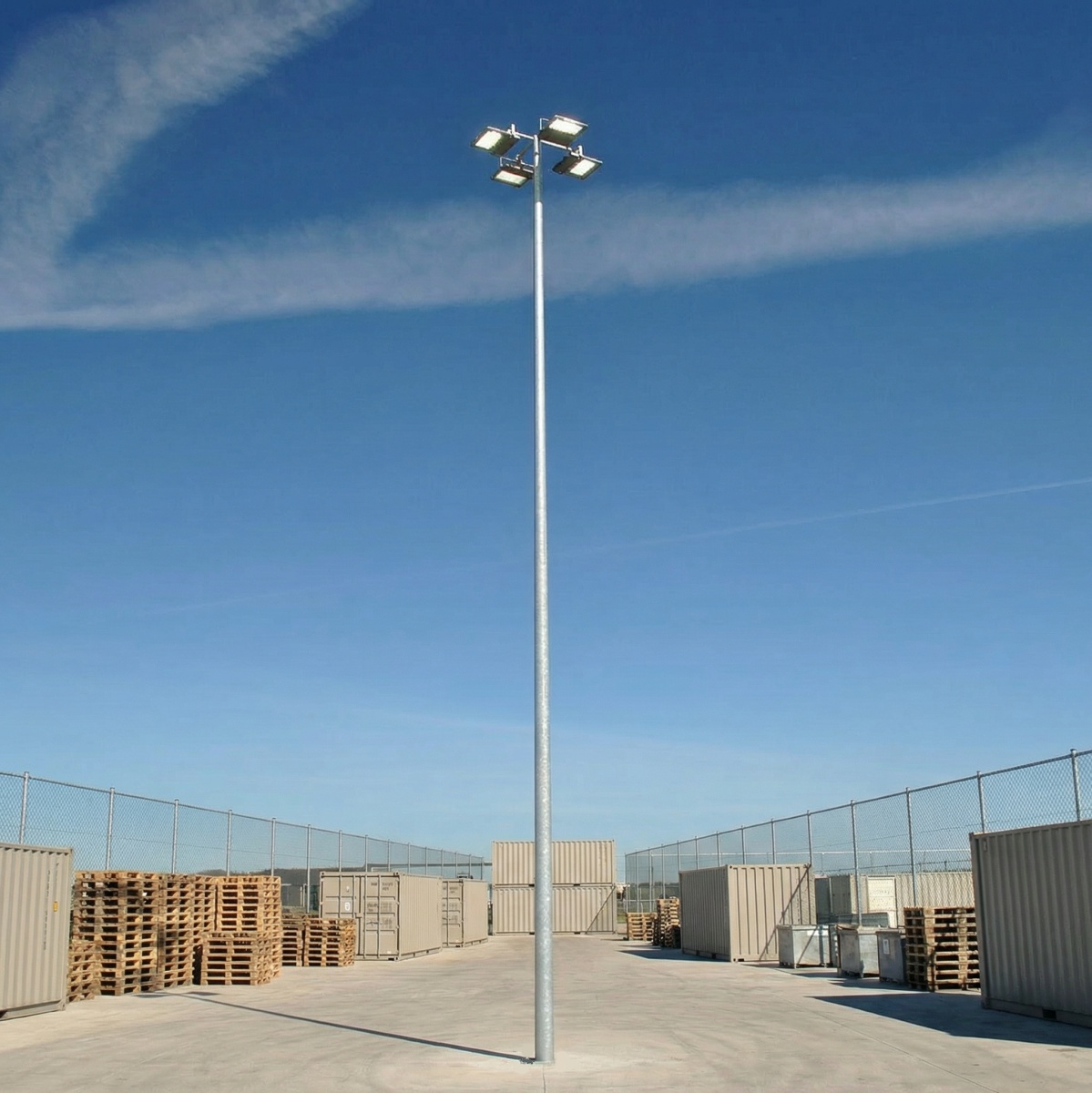 12 meter lichtmast op een industrieel opslagterrein bij daglicht